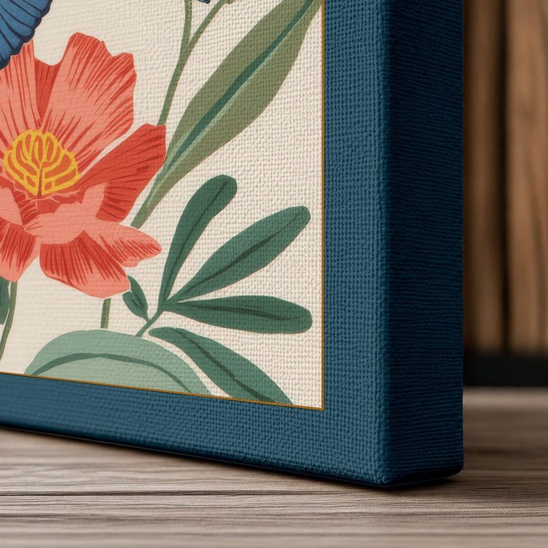 Kingfishers in Bloom Botanical - Wrapped Canvas, 18x12 - 45.7 x 30.5 cm, Teal Border