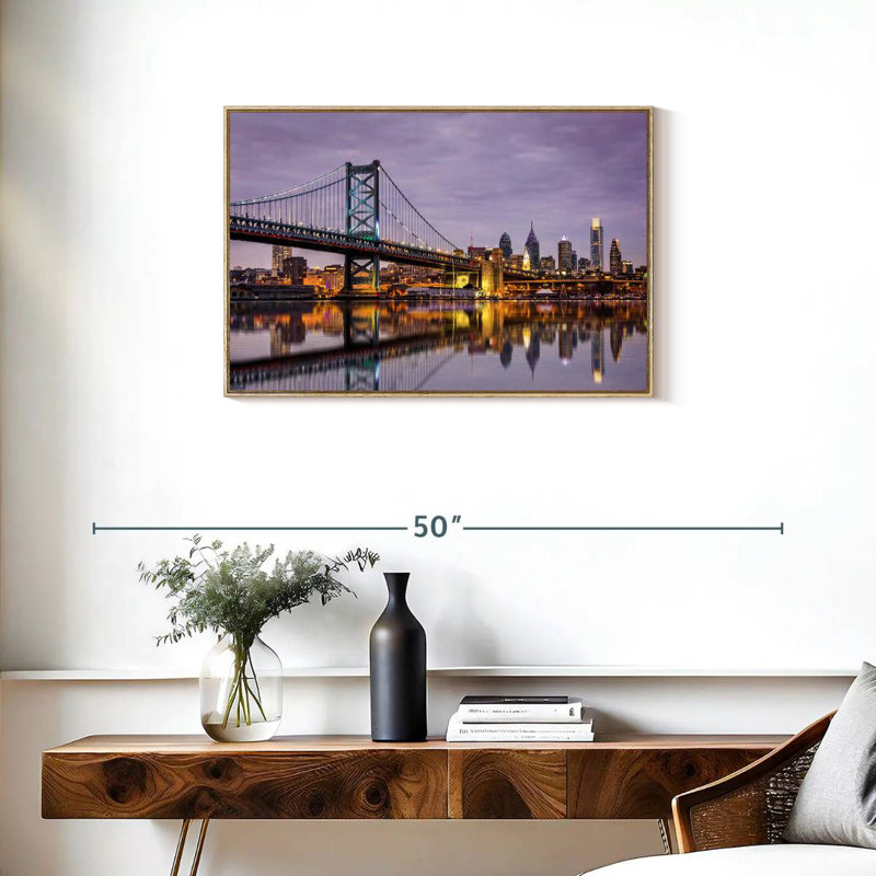 Horizon du pont Ben Franklin, Cadre flottant en bois naturel, 31 po x 21 po
