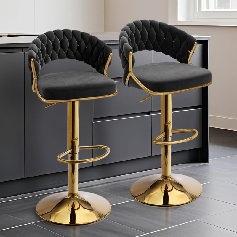 Ensemble de 2 tabourets de bar pivotants en velours, or moderne avec dossier tissé, Noir, 2