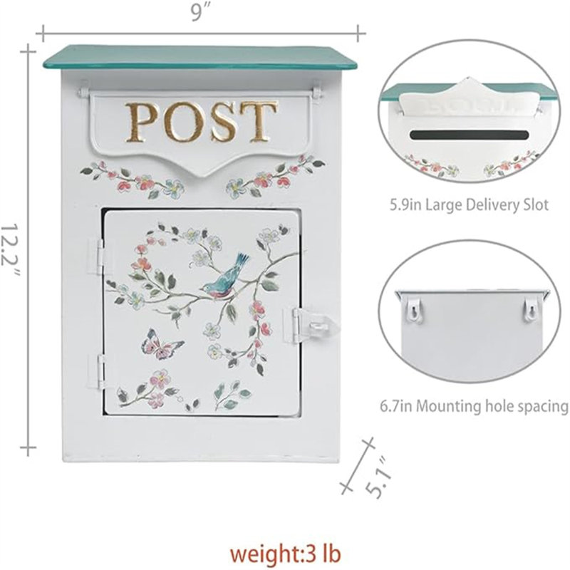 White Floral Metal Lockable Wall Mount Mailbox