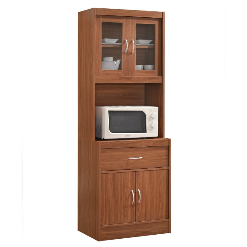 Kitchen Cabinet 22.7 inch Wide Freestanding China Display Hutch with Storage, Microwave Shelf and Utensil Drawer,, Cherry