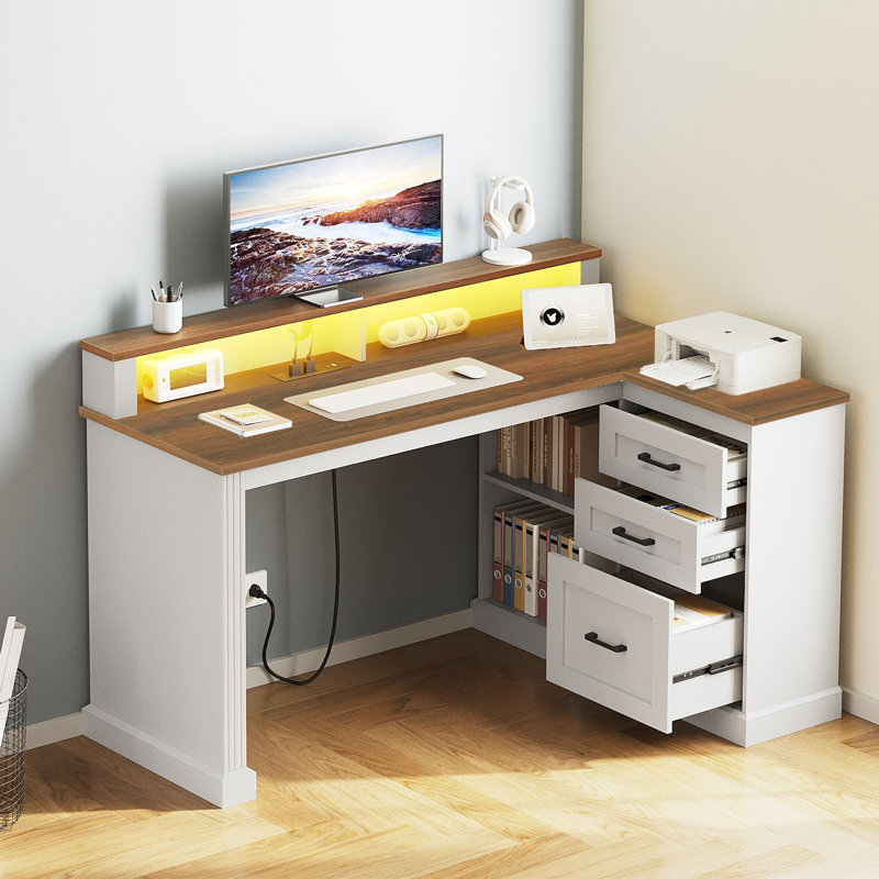 47.2" L-Shaped Executive Desk Computer Desk with Charging Station and Light, Home Office Gaming Desk with Drawers and Monitor Stand