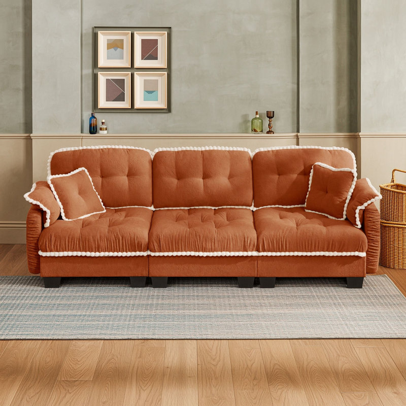 Canapé en chenille 3 places avec 4 coussins, Orange