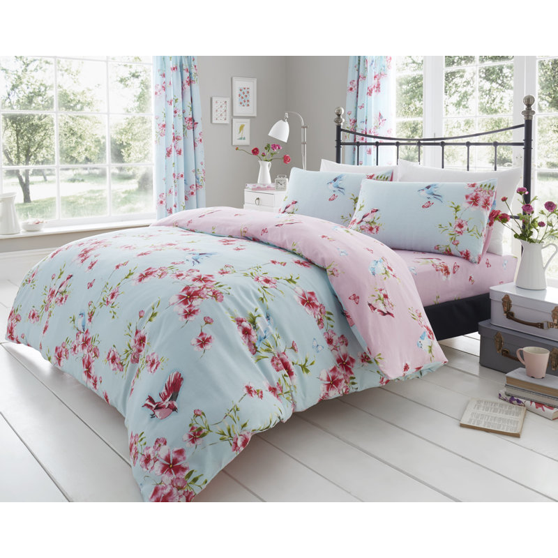 Birdie Blossom 144 TC Modern & Contemporary Duvet Cover Set, Blue, King