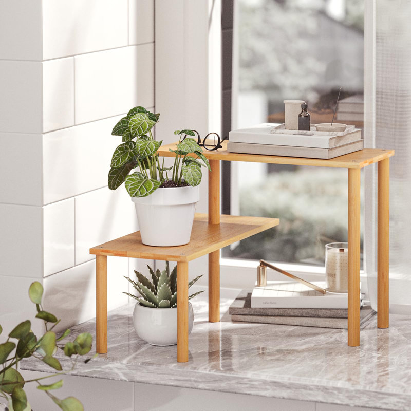 2 Tier Bamboo Corner Shelf, Cabinet Organizer Shelves For Countertop, Adjustable And Moveable Spice Rack For Kitchen,Bathroom,Coffee Area