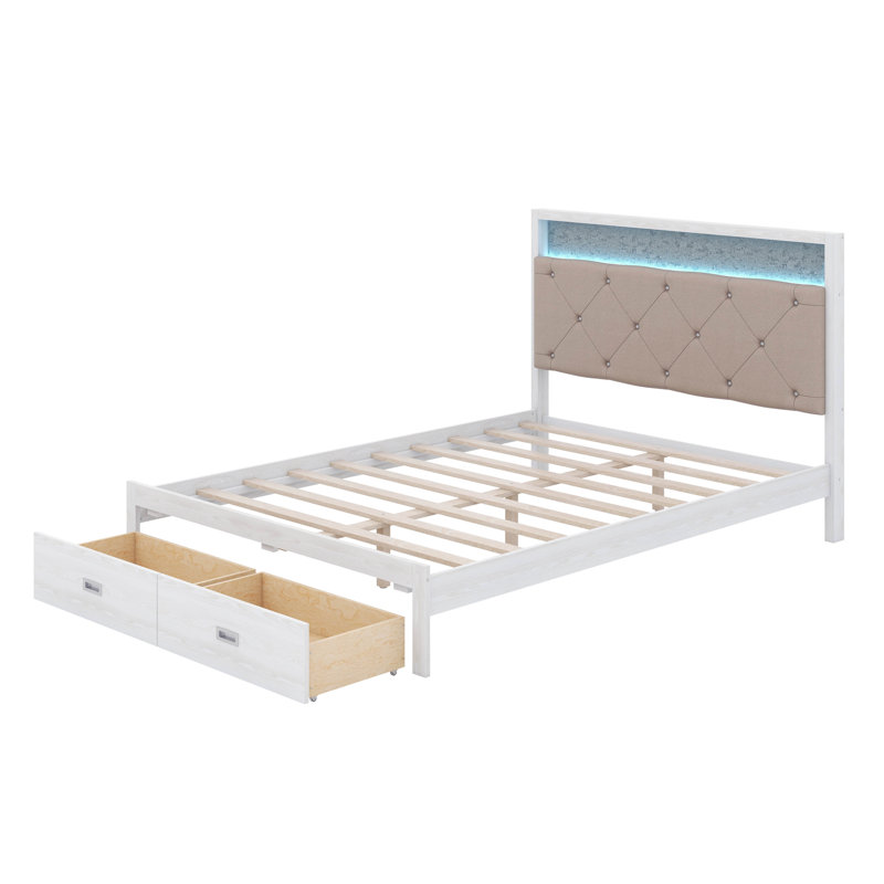 Lit plateforme en bois avec tête de lit tapissier et 2 tiroirs Stoltz, Grand, White/Grey