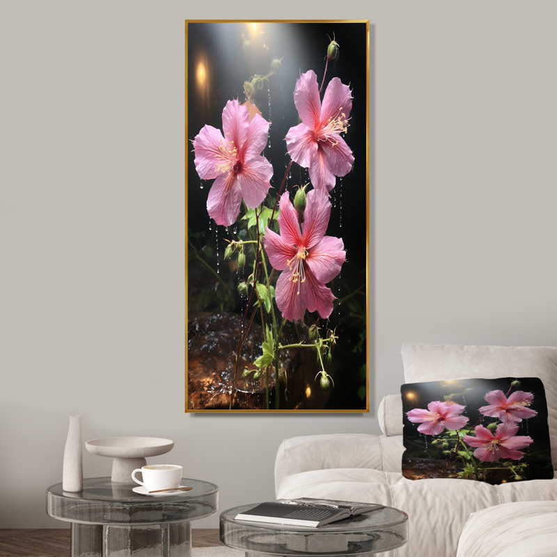 «Pink Garden Jewel Morning Glory» - art mural Morning Glory, Cadre flottant doré, H 60 po x l 28 po