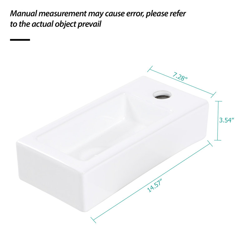 14.45X7.2 Inch Rectangular Bathroom Sink - Ceramic, Wall Mounted, White, Stain , Faucet Hole Ceramic Mount, Rectangular, Presented