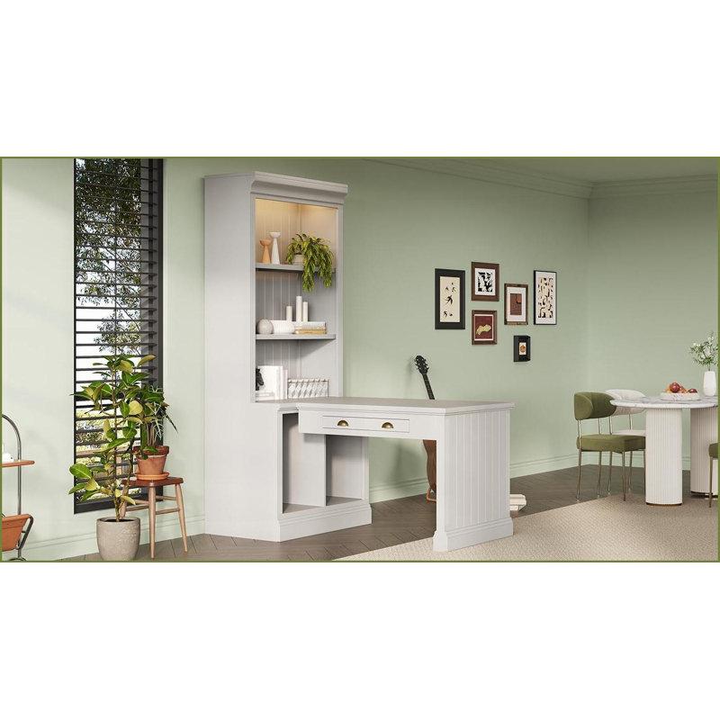 Bibliothèque avec bureau, hauteur moderne de 83,4 po, éclairage DEL, tablette réglable et amp; Tiroir de rangement | Blanc | Bois massif et panneau de fibres à densité moyenne