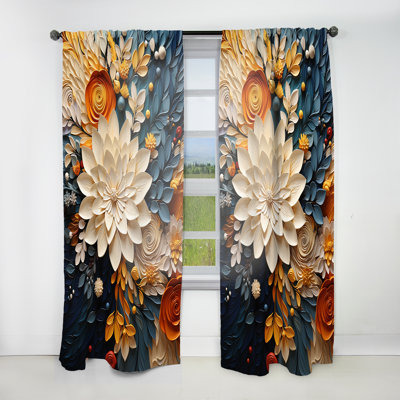 Orange Teal Botanical Whirlwind IV - Modern Velvet Curtain - Room Darkening - 1 panel