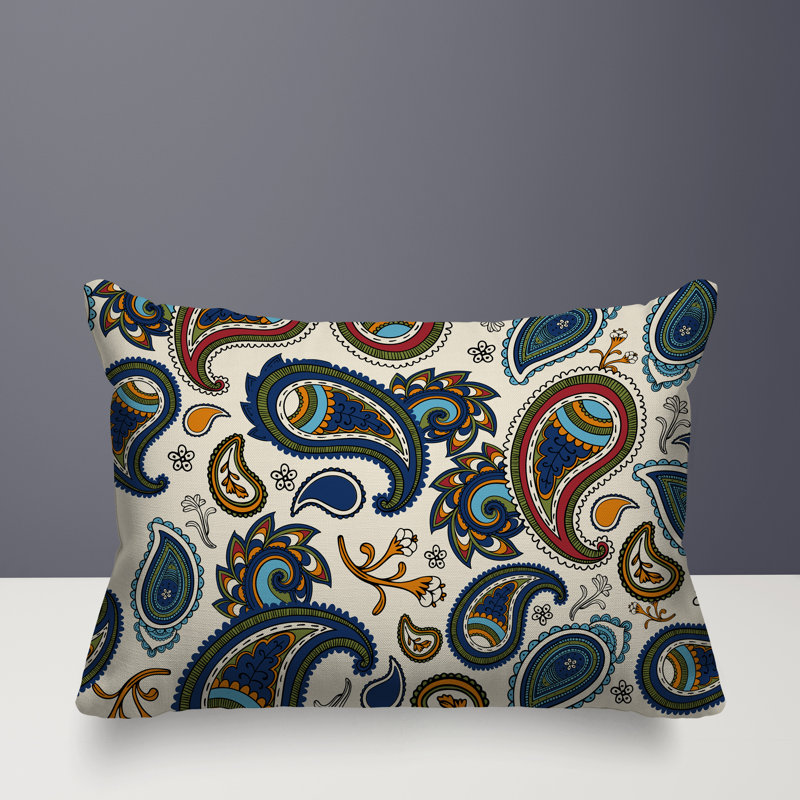 Oreiller rectangulaire réversible intérieur / extérieur Anvi, Bleu / vert / rouge / motif cachemire orange