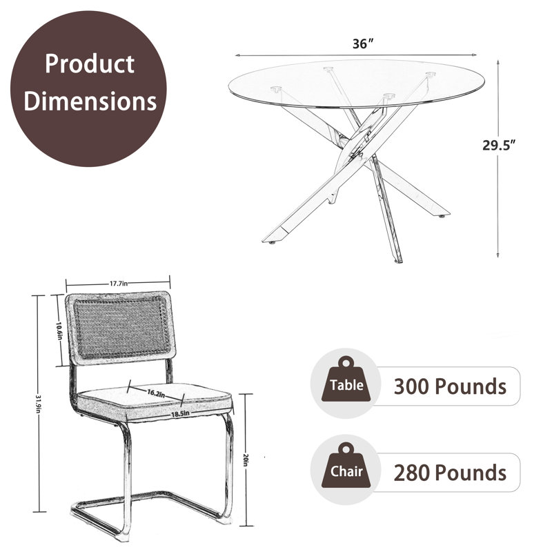 Ensemble de table de salle à manger à piédestal 5 pièces avec chaises rembourrées en rotin, H 29,5 po x L 36 po x l 36 po