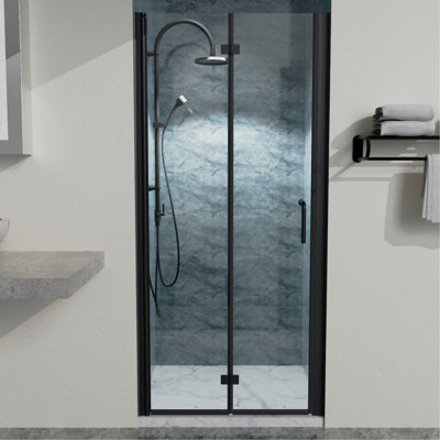 34 To 35-3/8 In. W X 72 In. H Bi-Fold Semi-Frameless Shower Doors In Matte Black With Clear Glass