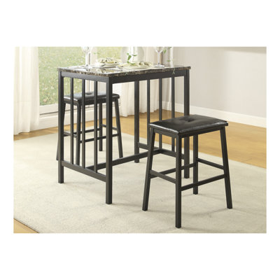 Black Metal Finish 3Pc Counter Height Set Table And 2 Stools, Faux Marble Tabletop, Faux Leather Upholstery, Restaurant Cafe Breakfast Furniture