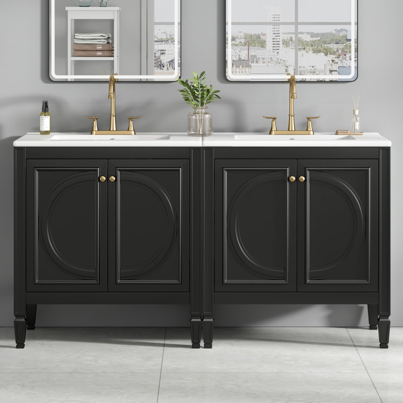 Elegant 60" Double Sink Vanity Set, Durable Wood & Ceramic, Vintage Style For Spacious Bathrooms