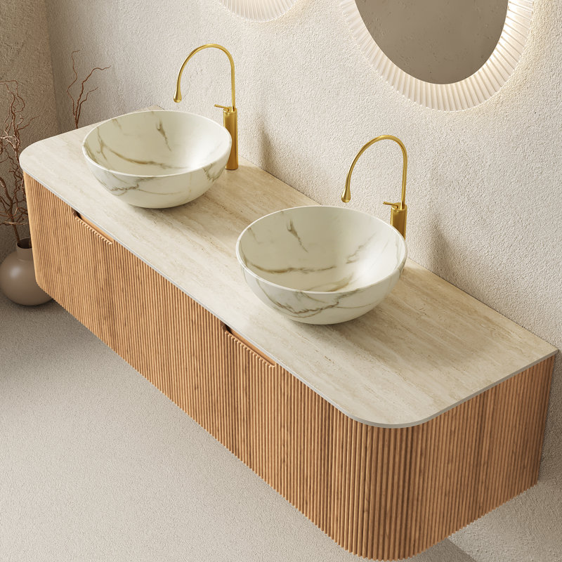 Dina 60" Bathroom Vanity&Sinks, Floating Curved Edges Striped Storage Cabinet With 2 Drawers, 2 Stone White Bowl Ceramic Basins&Travertine-Pattern Sintered Stone Top, Pre-Assembled, Natural Woodgrain
