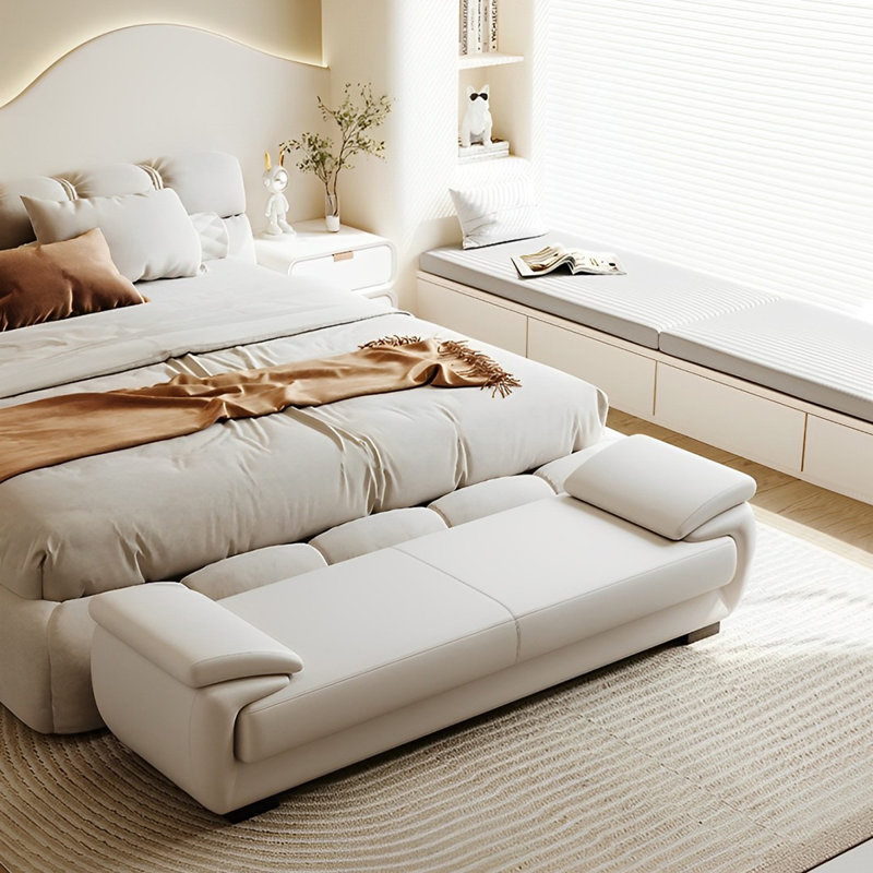 Minesha Genuine Leather Upholstered Bench, Cream