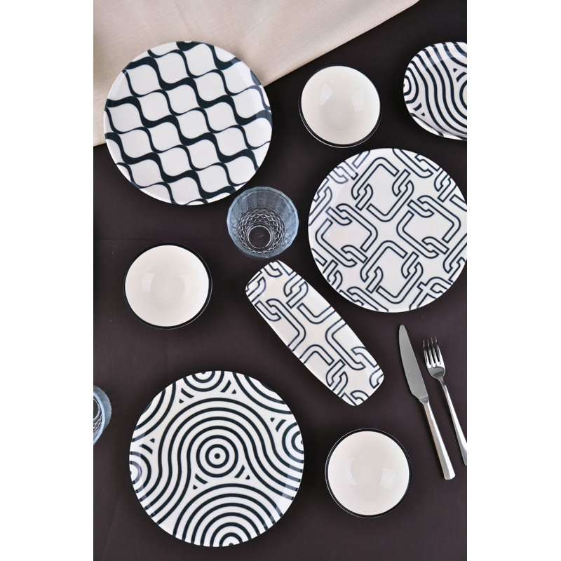 Ensemble de petit-déjeuner élégant 14 pièces, 100% porcelaine | Comprend 6 assiettes de service (7,9 pouces), 4 bols Joker (3,9 pouces), 2 plaques d'huile (7,5 x 4,7 pouces), 2 plateaux (7,9 x 2,8 pouces) | Va au lave-vaisselle et au micro-ondes, parfait pour un repas élégant