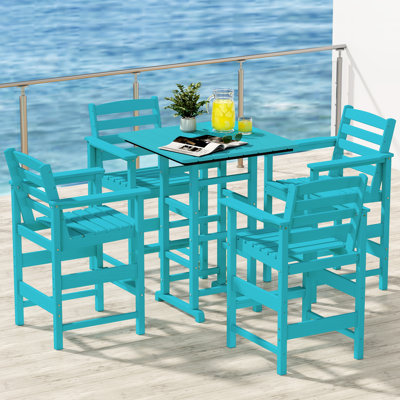 Ensemble de bar extérieur 5 pièces en PEHD - 4 grandes chaises de bar et 1 table carrée, meubles de patio toutes saisons pour la piscine, le jardin ou le balcon
