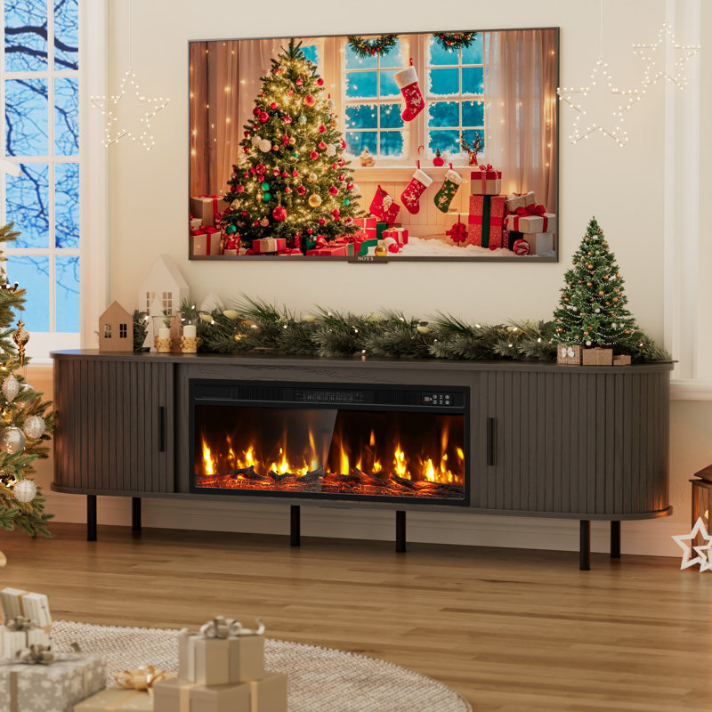 80" Modern Fireplace Tv Stand For Tvs Up To 90", Fluted Entertainment Center With Electric Fireplace, Media Console Cabinet For Living Room