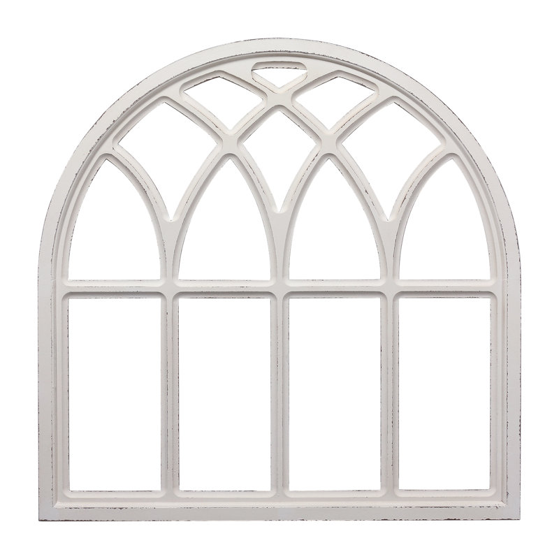 32 Inch Distressed White Wood Arched Window Frame Wall Decor, Handmade Rustic Window Pane