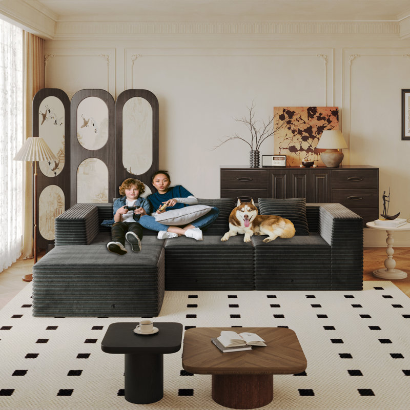 Canapés modulaires spacieux, velours côtelé gris moelleux, confort moderne