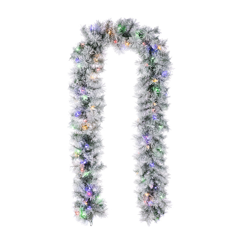 9Ft Pre-Lit Snow Flocked Greenery Pine Christmas Garland With Lights And Timer