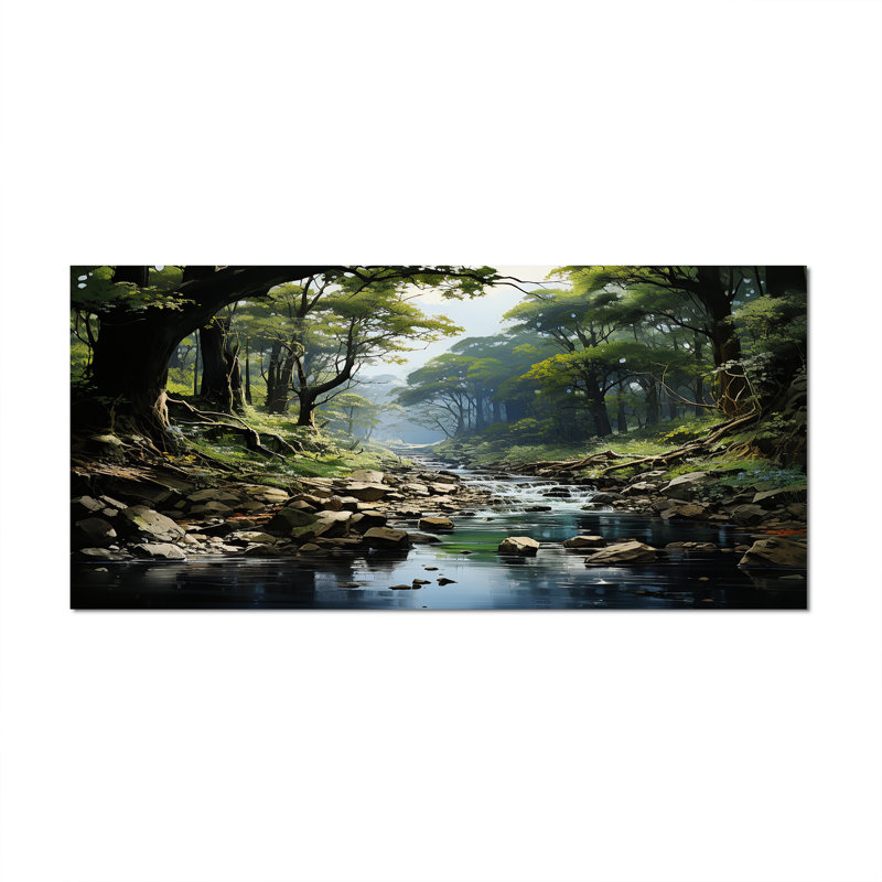 «Gentle River Through Country Charm Forest», art mural forêt fluviale, Toile tendue, H 28 po x l 60 po x P 1,5 po