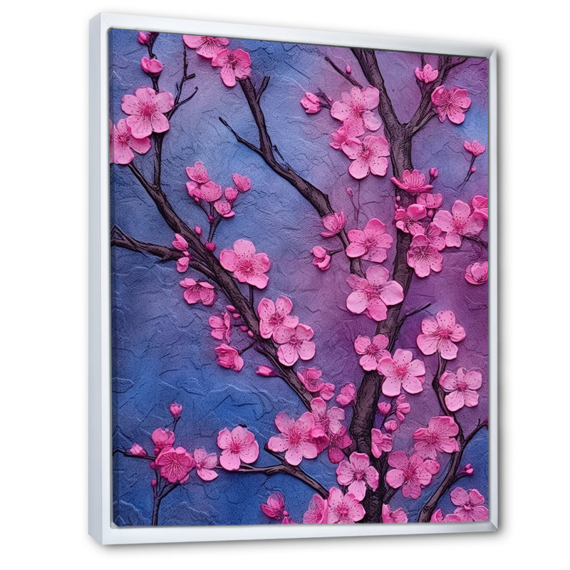 «Pink and Blue Cherry Blossoms Symphony I», reproduction sur toile, Cadre flottant blanc, H 32 po x l 24 po x P 1 po