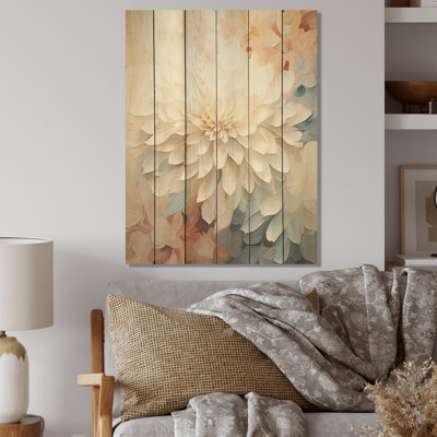 Fleur blanche de dahlia minimaliste I - art mural en bois de dahlia sur bois de pin naturel