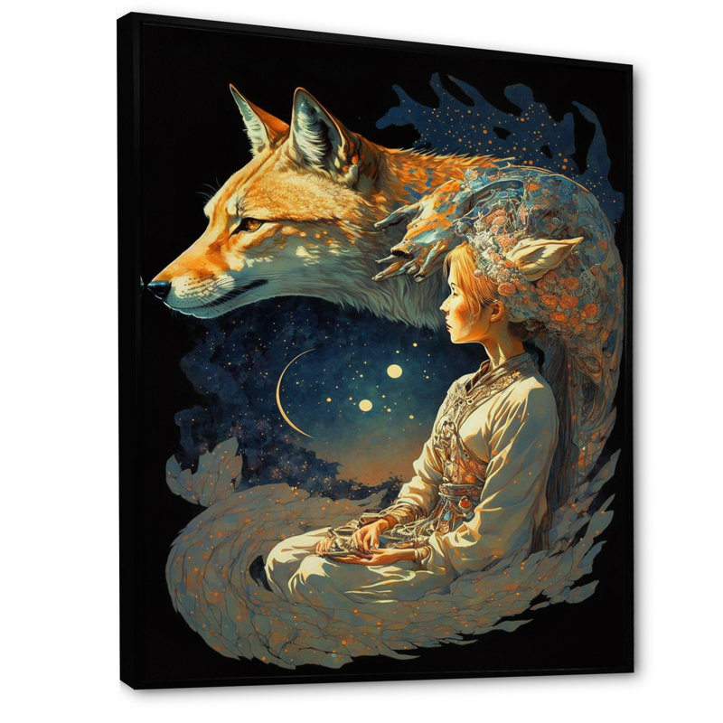 Cosmic Fox avec femme mystique I - impression, Cadre flottant noir, H 32 po x l 16 po x P 1 po