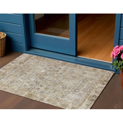 Tapis oriental lavable 90 x 150 cm, taupe, brun et ivoire, pour intérieur et extérieur.