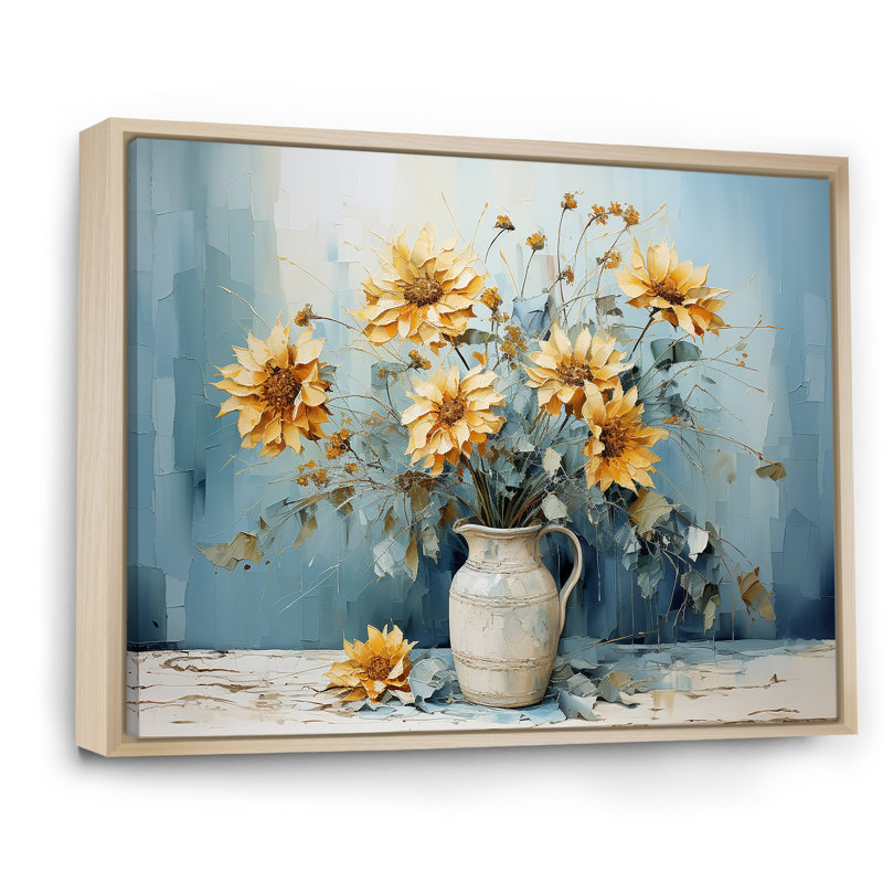 «Blue Sunflowers Farmhouse Still Life» sur toile, Cadre naturel flottant, H 12 po x l 20 po x P 1 po