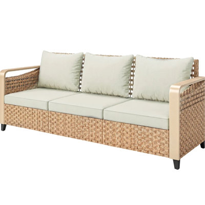 Jardin avec coussins bruns et beiges, siège pour trois personnes de 70,9 po de largeur, structure en métal thermolaqué à dossier épais de 3,1 po, housses de coussin faciles à nettoyer pour la terrasse extérieure: l 76,4 po x P 25 po, largeur: 792 lb