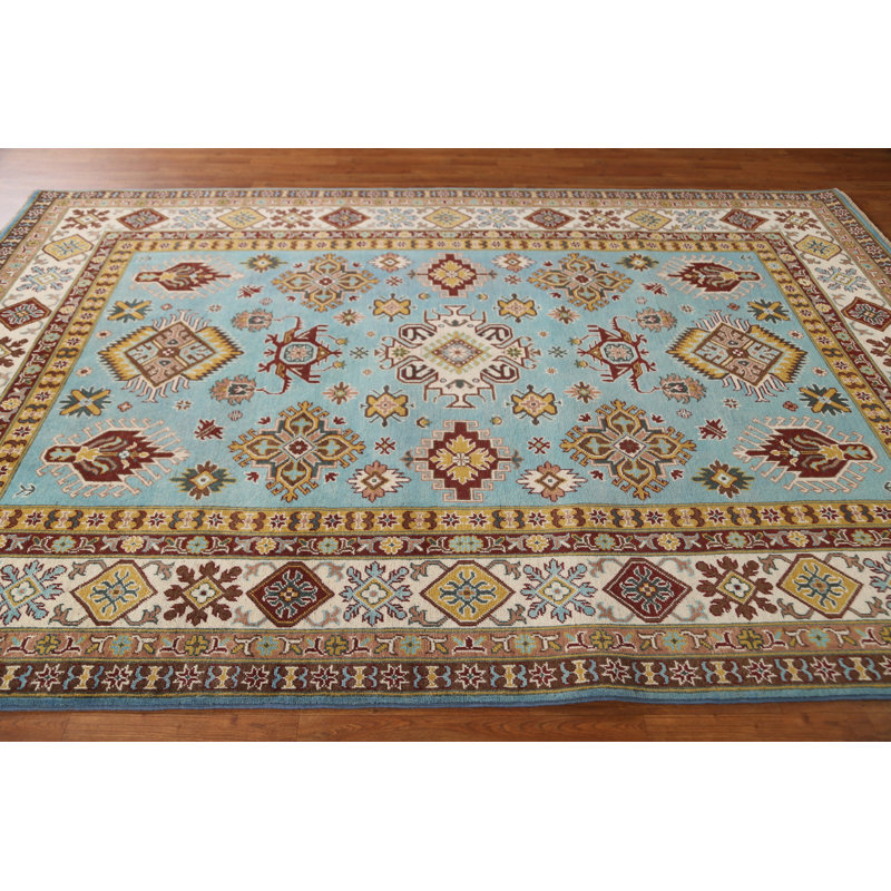 Tapis bleu / gris / crème en laine noué à la main de conception unique 6 pi 8 po x 9 pi 11 po New Age