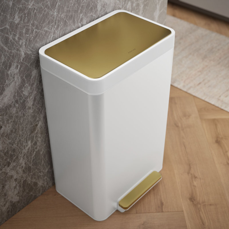 Reset 13 Gallon Kitchen Trash Can, Stainless Steel Hand Free Step Trash Can with Quiet-Close Lid, White/Brushed Brass