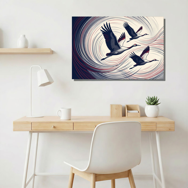 Trois grues volant bleu marine et rouge sur toile, 20"H x 30"W