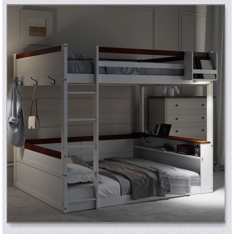 Lit superposé en bois avec tablettes intégrées, boîte de rangement, lumière DEL et station de charge USB, White
