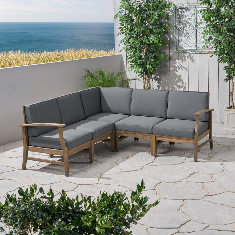 Bevelyn 77.75'' Wide L-Shaped Acacia Patio Sectional with Cushions, Gray, Dark Brown