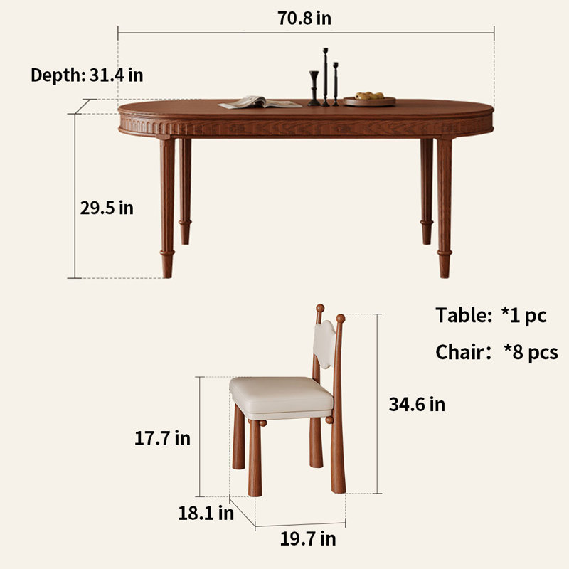 The Ancient Dining Table And Chairs 8 - Person Solid Wood Solid Wood Top Four Leg Dining Set