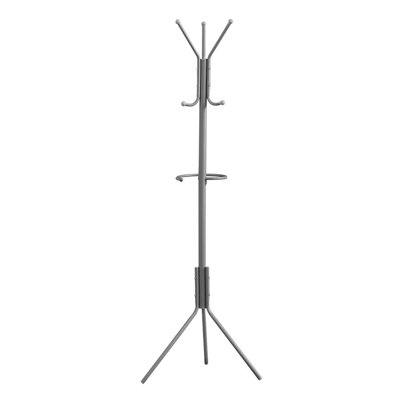 Contemporary Grey Metal Free Standing Coat Rack With 6 Hooks And Umbrella Holder For Entryway, Bedroom, And Office, Silver