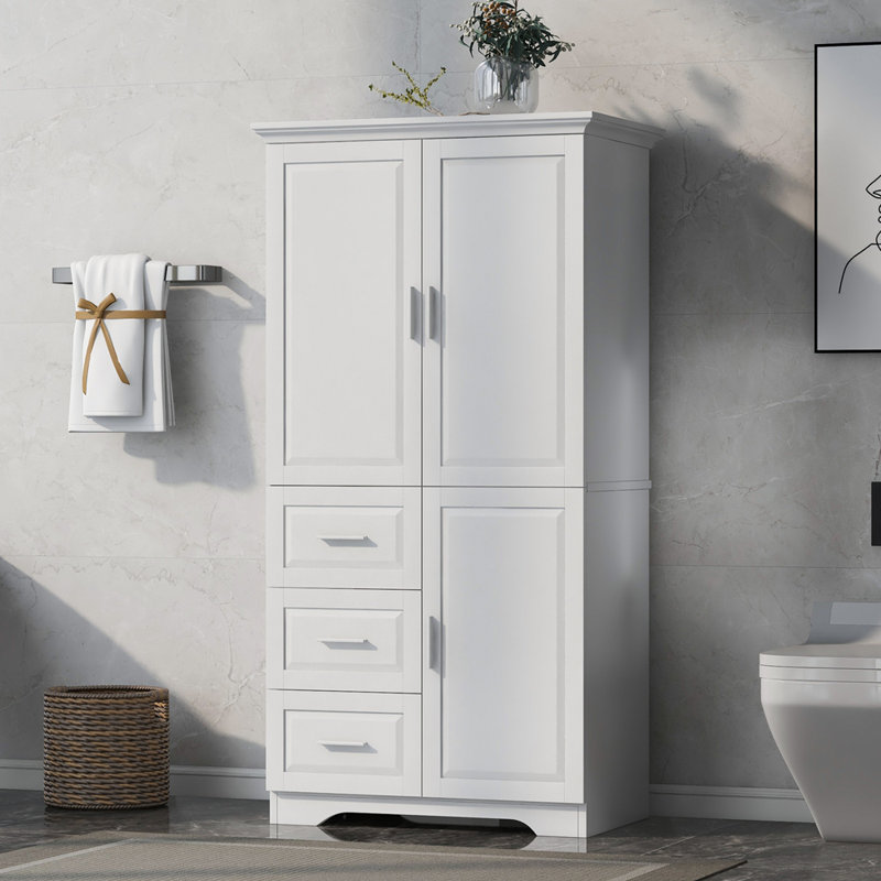 Armoire de rangement haute et large avec portes pour salle de bain / bureau, trois tiroirs, Blanc