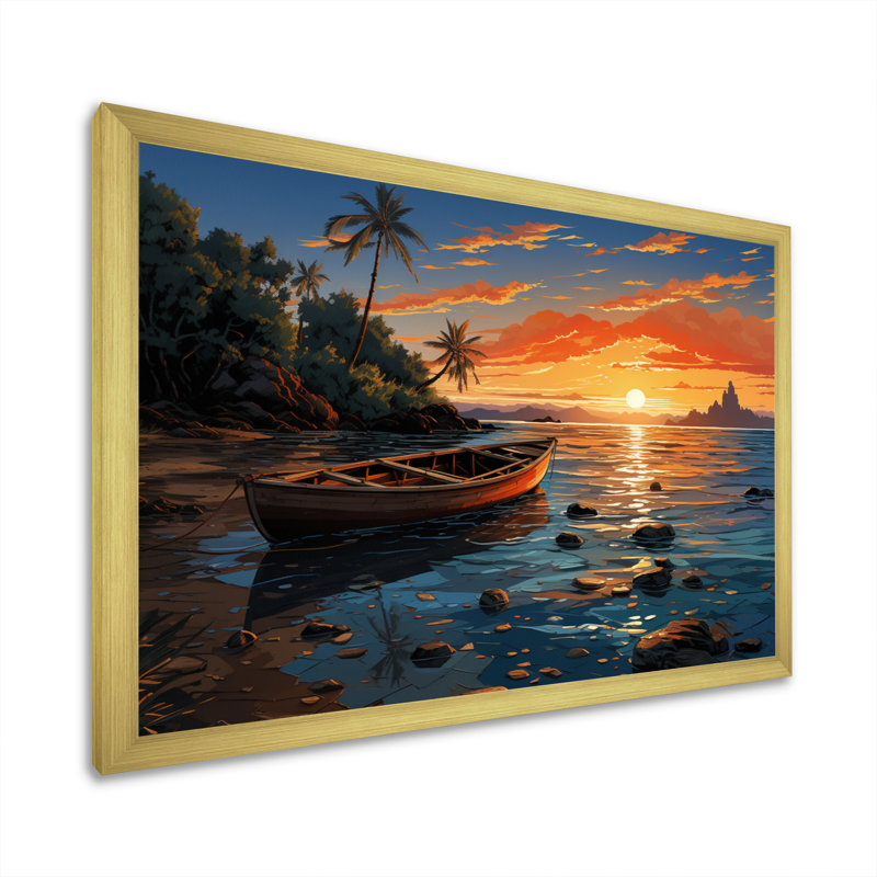 «Tyndale Coastaltropical Boat At Dusk III», reproduction sur toile, H 24 po x l 32 po x P 1 po, Cadre doré à une seule photo