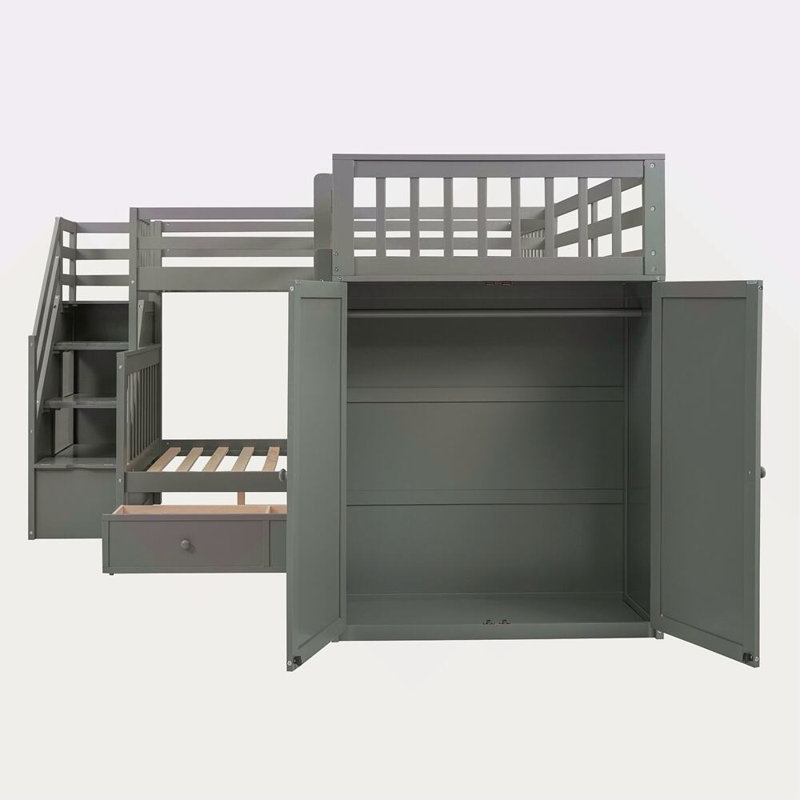 Lit superposé simple en L avec 3 tiroirs, bureau portable et garde-robe