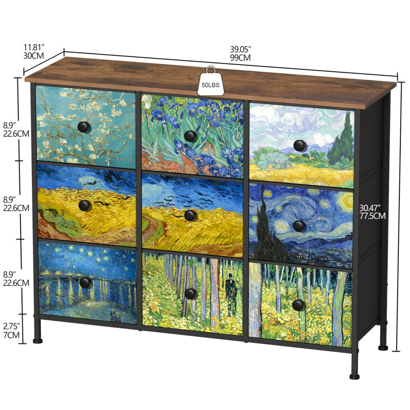 9 Fabric Drawer Bedroom Dresser With Abstract Patterns Storage Organiser