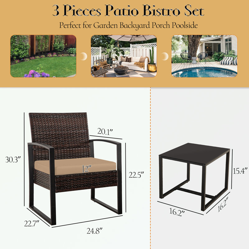 Ensemble d'extérieur 3 pièces avec 2 chaises et une table basse, Kaki, Brun