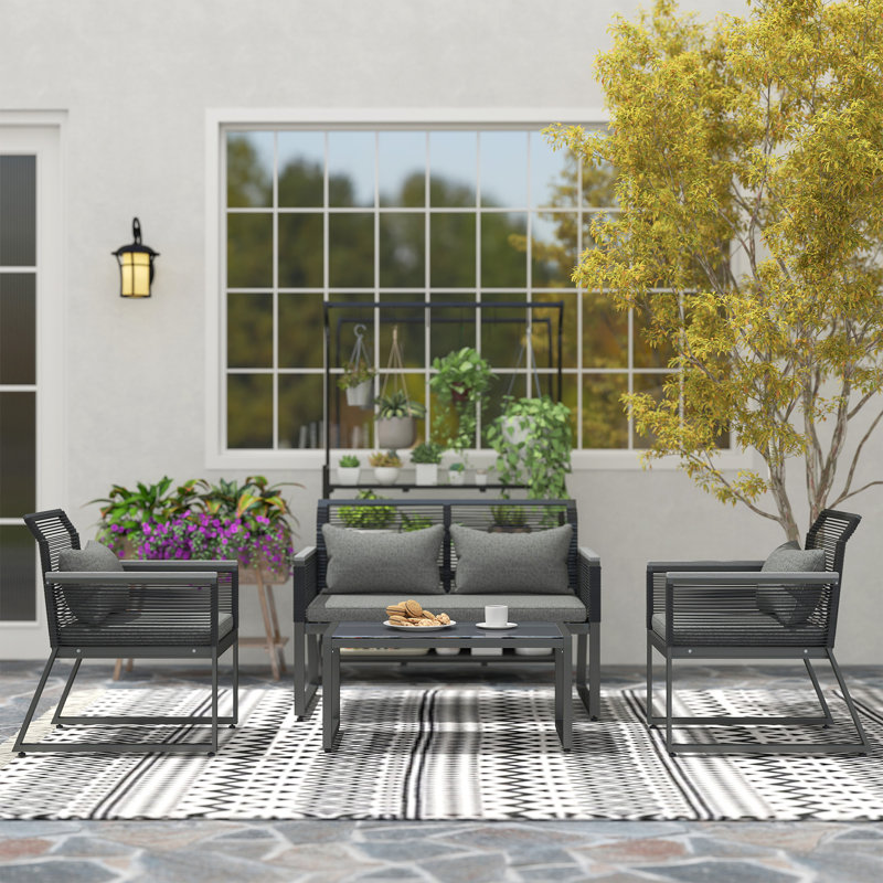 Estellar 4 Pieces Rattan Garden Furniture Set Metal Frame, Charcoal Grey, Powder Coated