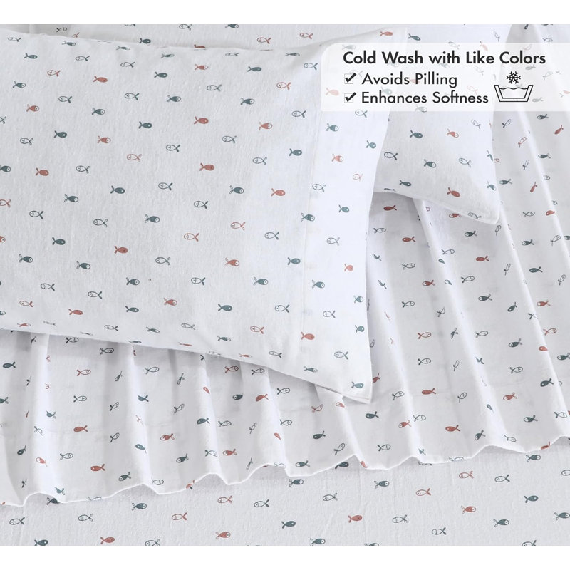 Draps en flanelle RUVANTI 100 % coton, taille Queen, ensemble de 4 pièces, poches profondes de 40 cm, motif Petits Nageurs