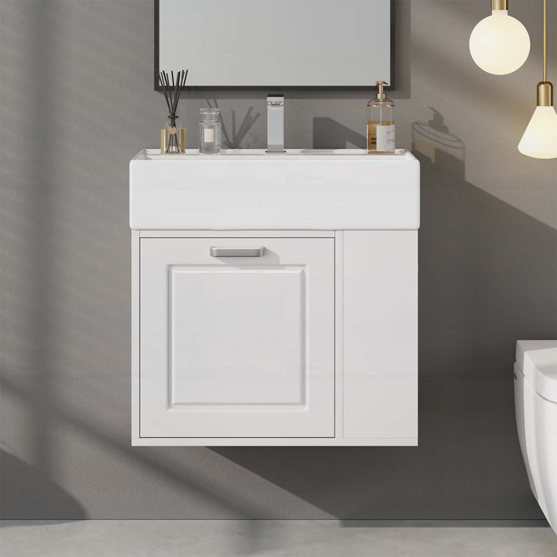 Meuble-lavabo mural flottant avec lavabo, tiroir, tablette réglable et porte-papier hygiénique, système de fermeture en douceur