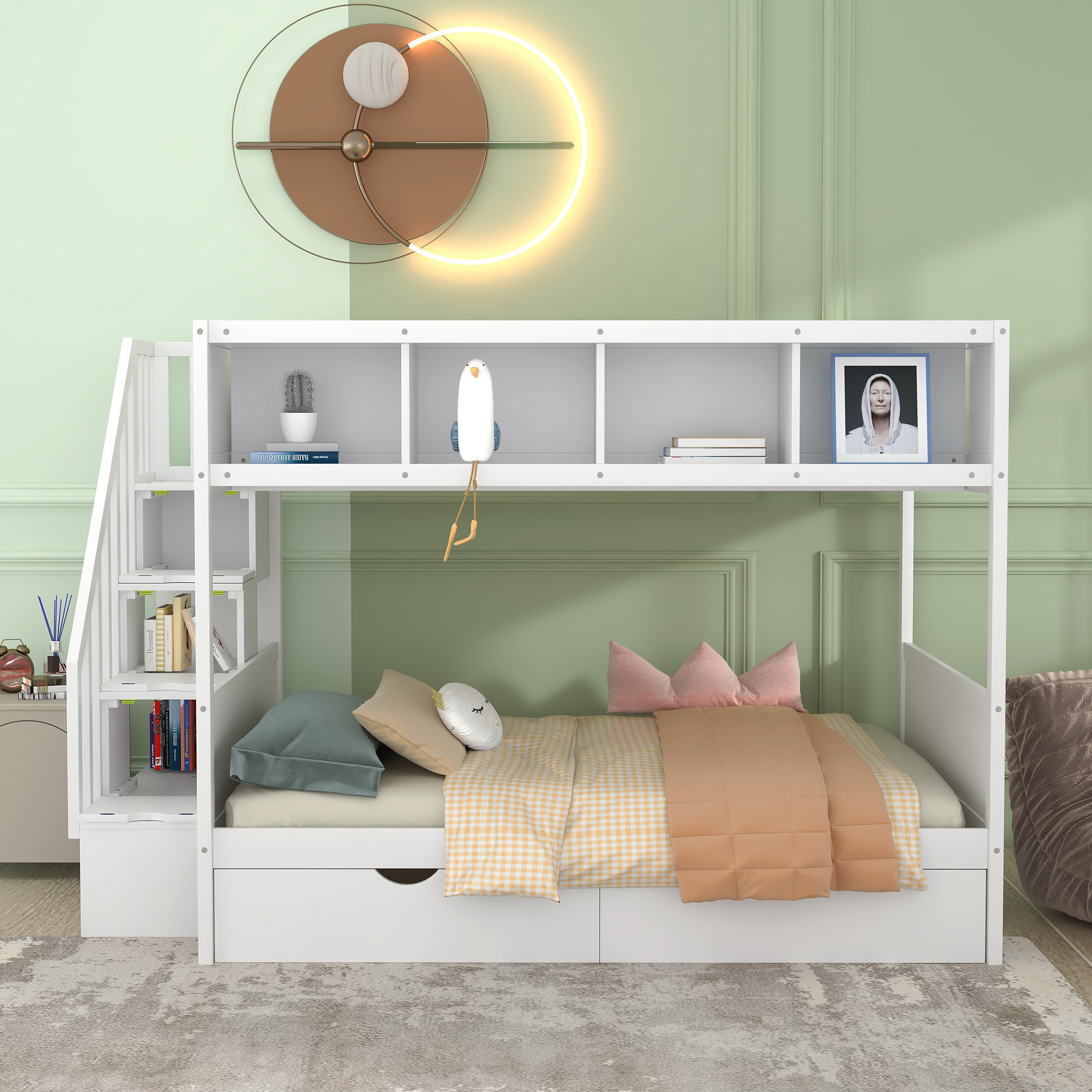 Harriet Bee Twin Over Full Bunk Bed With Shelfs Storage Staircase And 2 ...